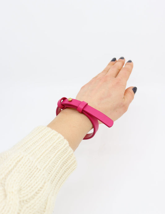 Leather Bracelet With a Brass Fastener in Fuchsia