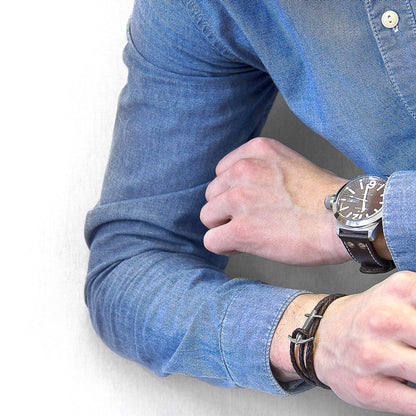 Admiral Anchor Silver and Braided Leather Bracelet - Dark Brown