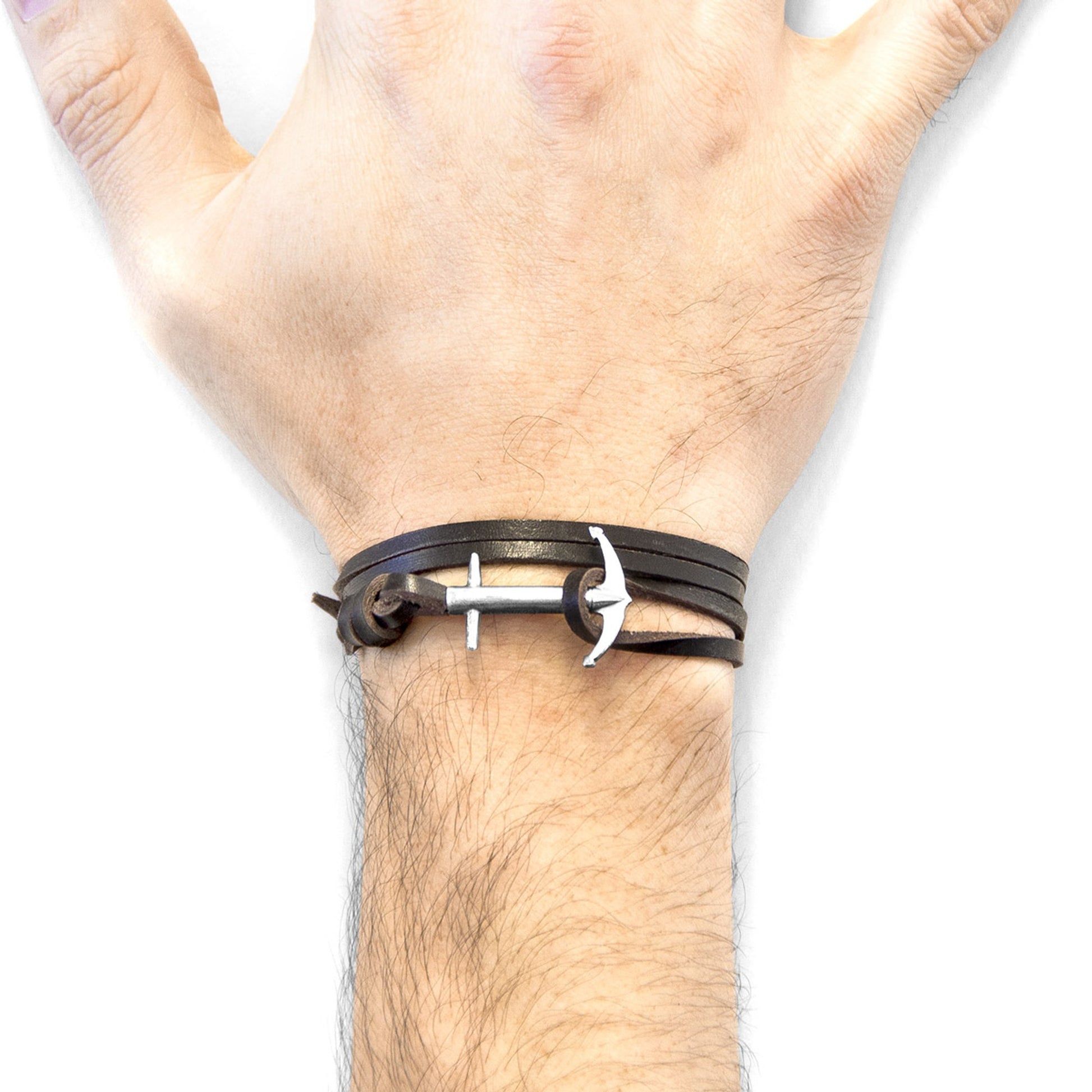 Admiral Anchor Silver and Flat Leather Bracelet - Dark Brown